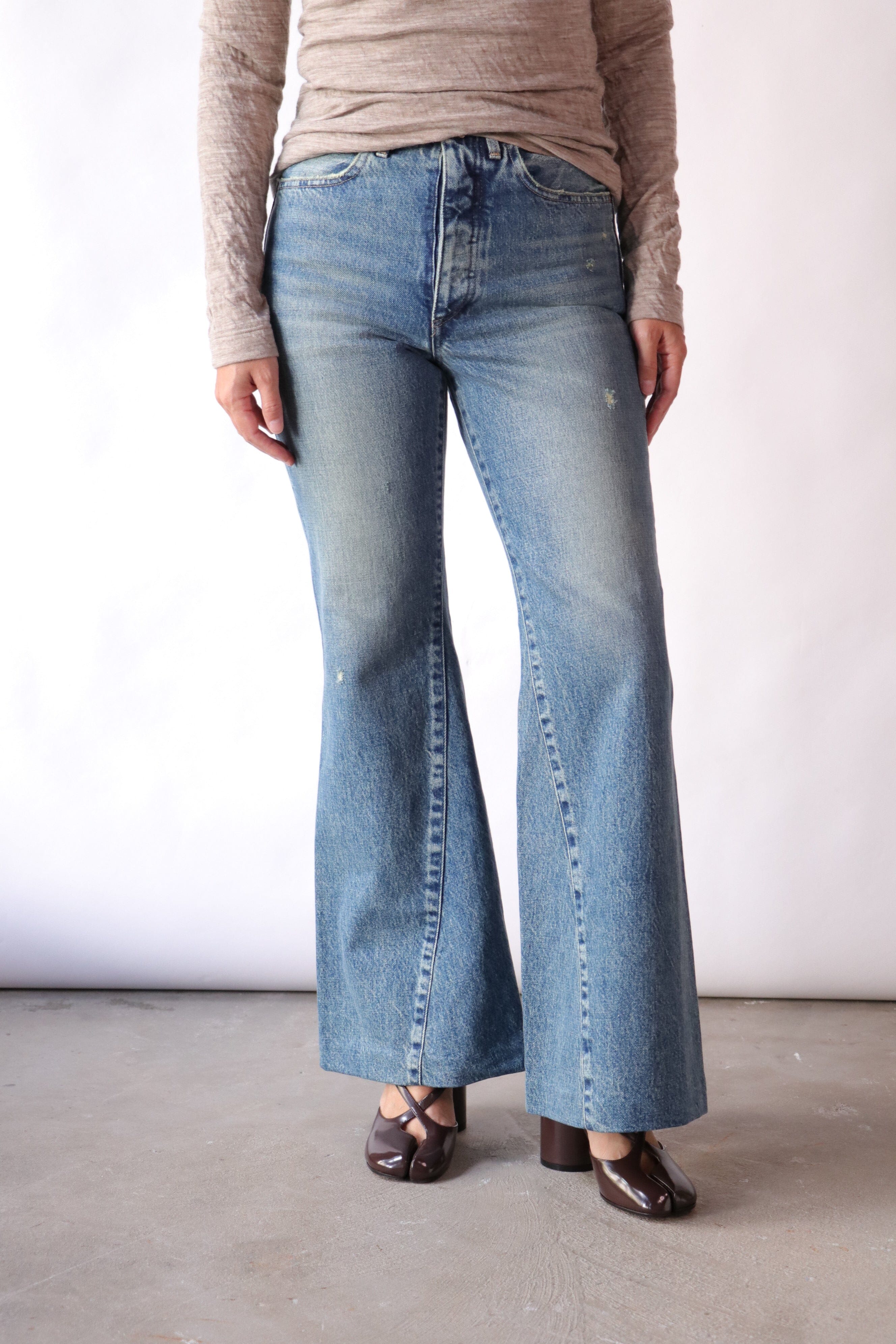 Tanaka Flare Jean Trousers in Green Blue | WE ARE ICONIC