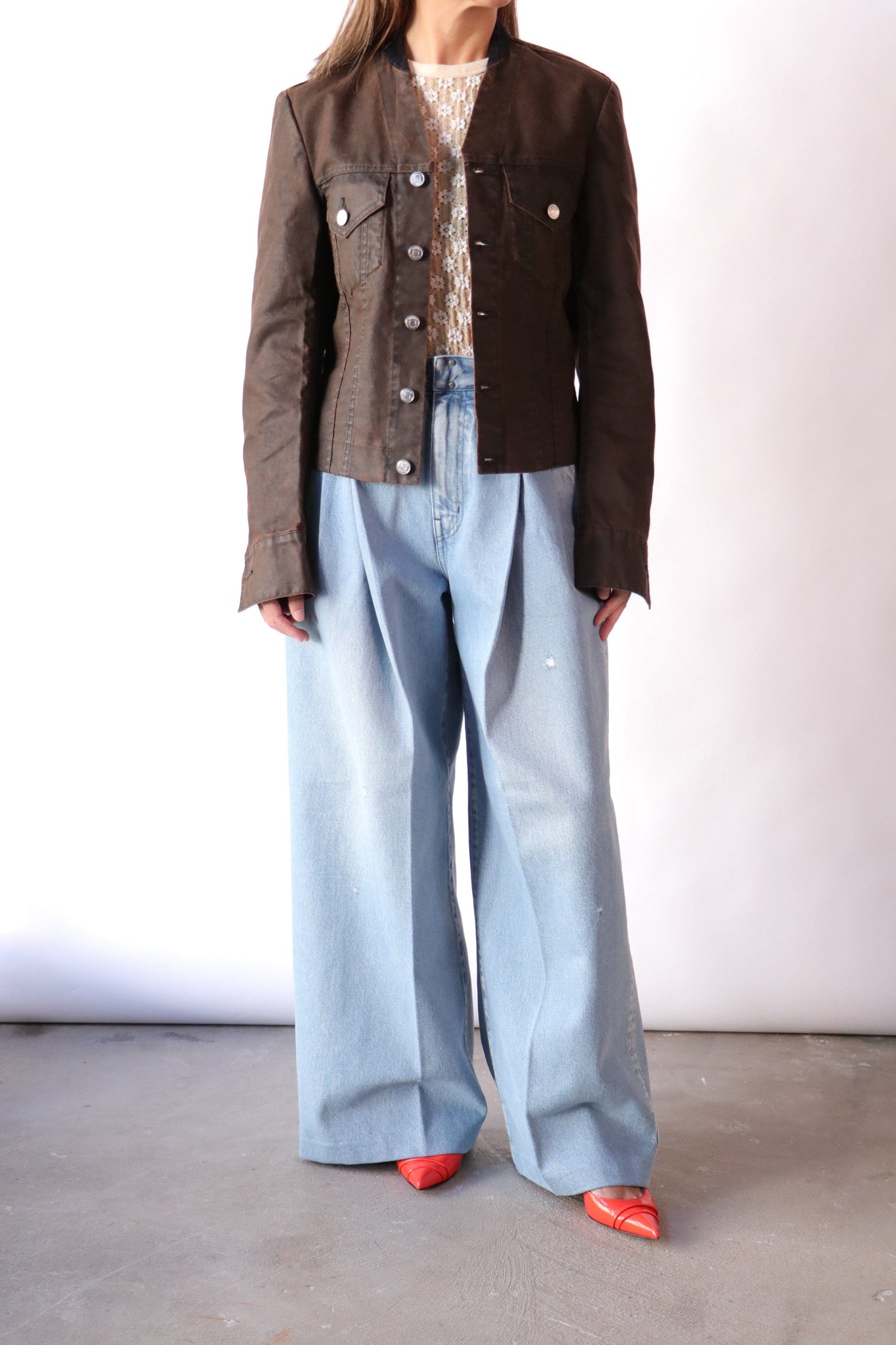 Tanaka No Collar Jacket in Brown Outerwear Tanaka 