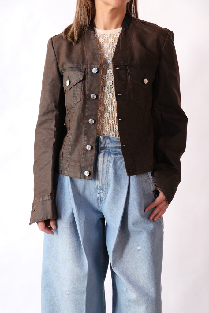 Tanaka No Collar Jacket in Brown Outerwear Tanaka 