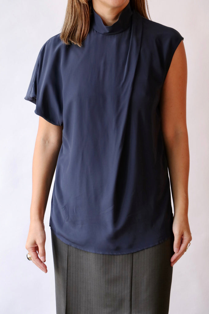 Tela Eva Navy Blue Fluid Viscose Blouse tops-blouses Tela 