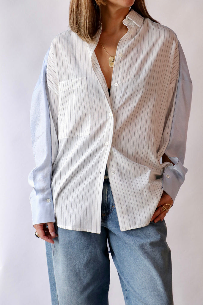 Tela Light Blue Long-Sleeved Fluid Striped Shirt tops-blouses Tela 