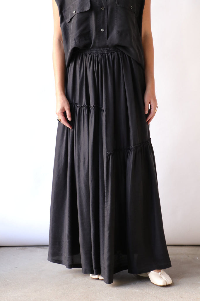 Tela Sahara Silk Maxi Skirt in Black Bottoms Tela 