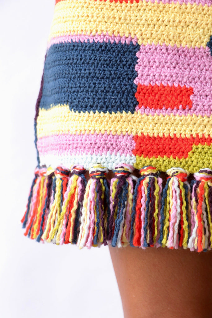 The Elder Statesman Hand Knit Mini Fringe Skirt in Sunset Patchwork Bottoms The Elder Statesman 