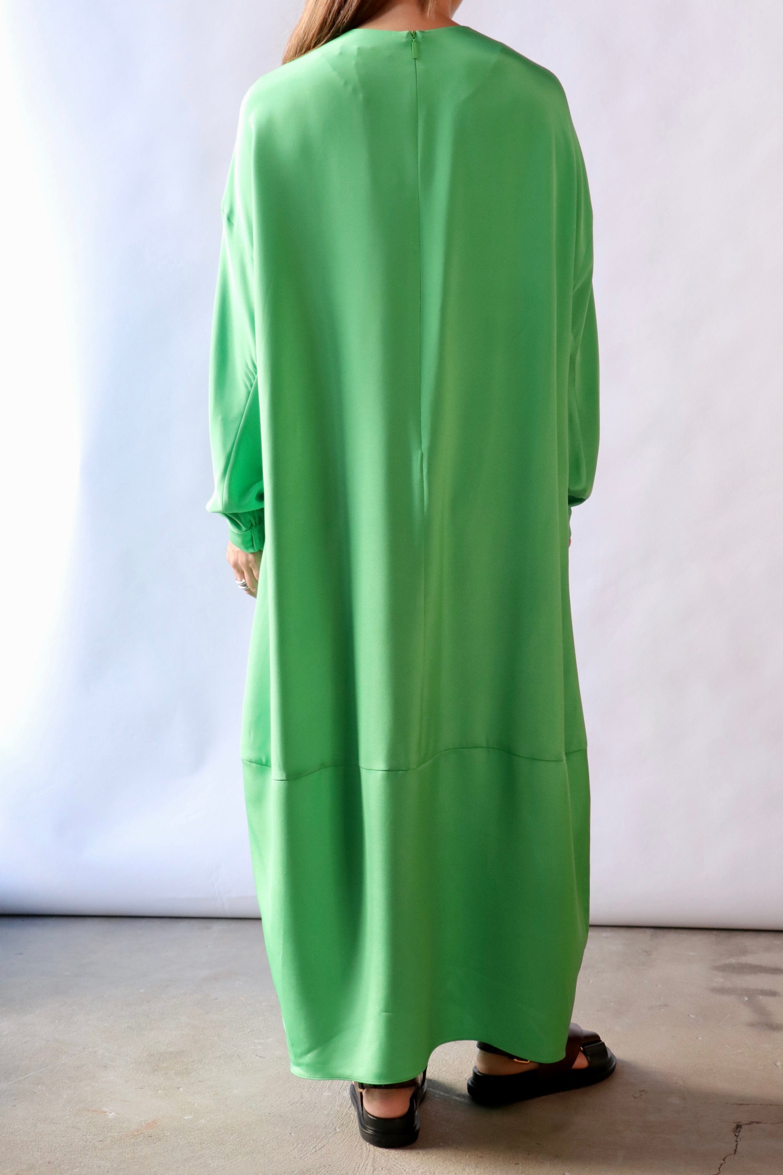 Tibi 4-Ply Silk Long Sleeve Cocoon Dress in Green | WE ARE ICONIC