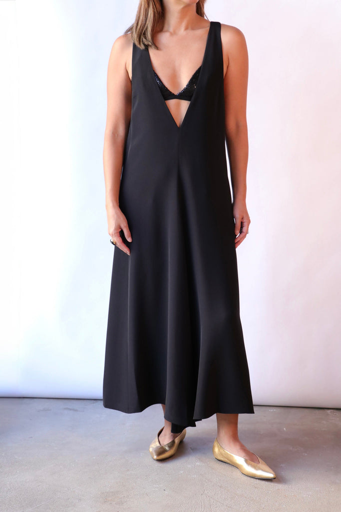 Tibi 4-Ply Silk V-Neck Dress With Bra in Black Dresses Tibi 