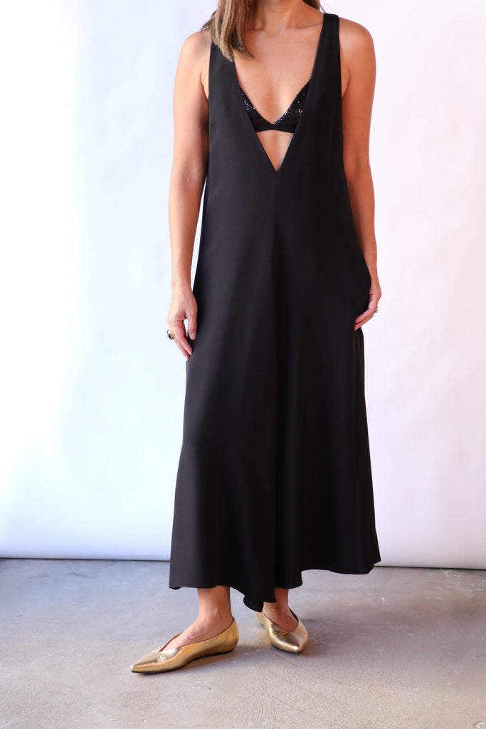 Tibi 4-Ply Silk V-Neck Dress With Bra in Black Dresses Tibi 