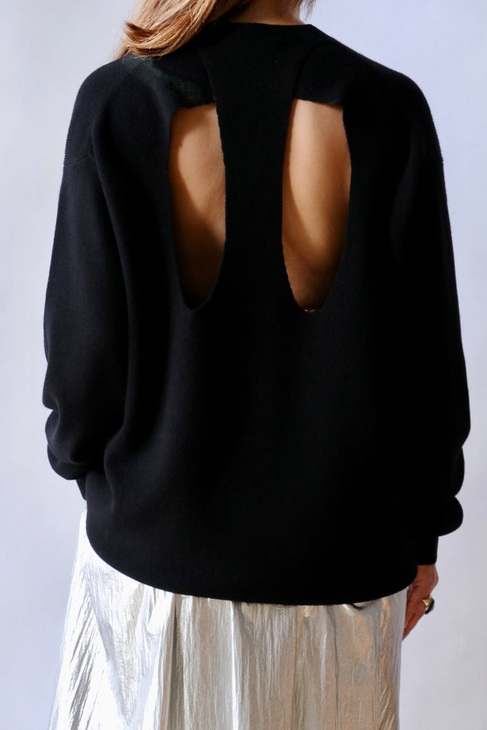 Tibi Anna Merino Wool Cut Out Racerback Pullover in Black Knitwear Tibi 