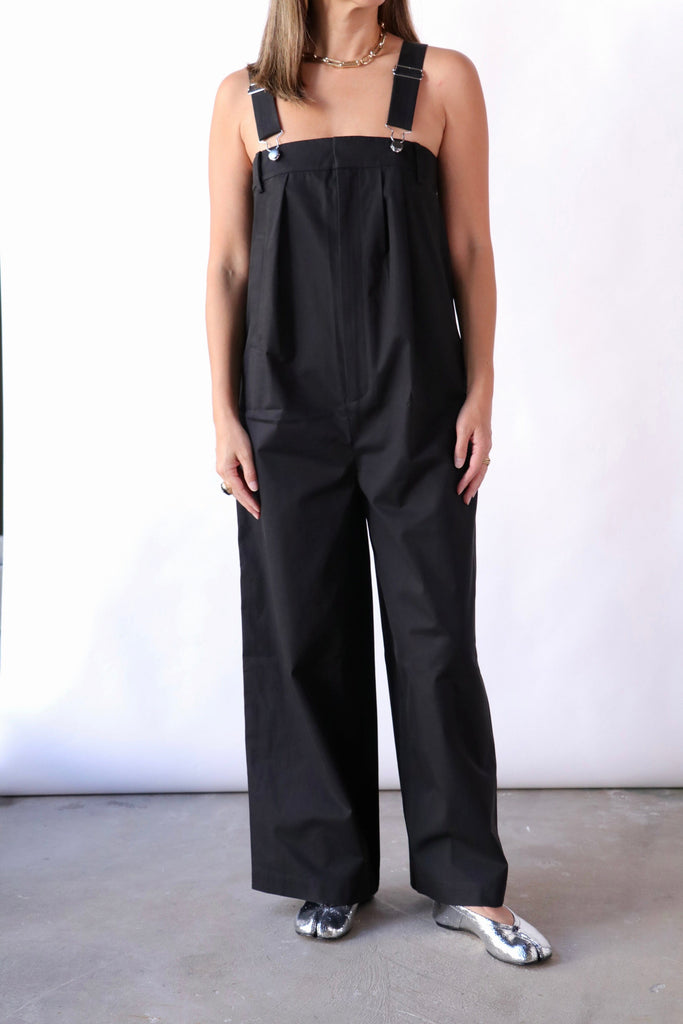 Tibi Bio Twill Overall Wide Leg Pant in Black Jumpsuit Tibi 