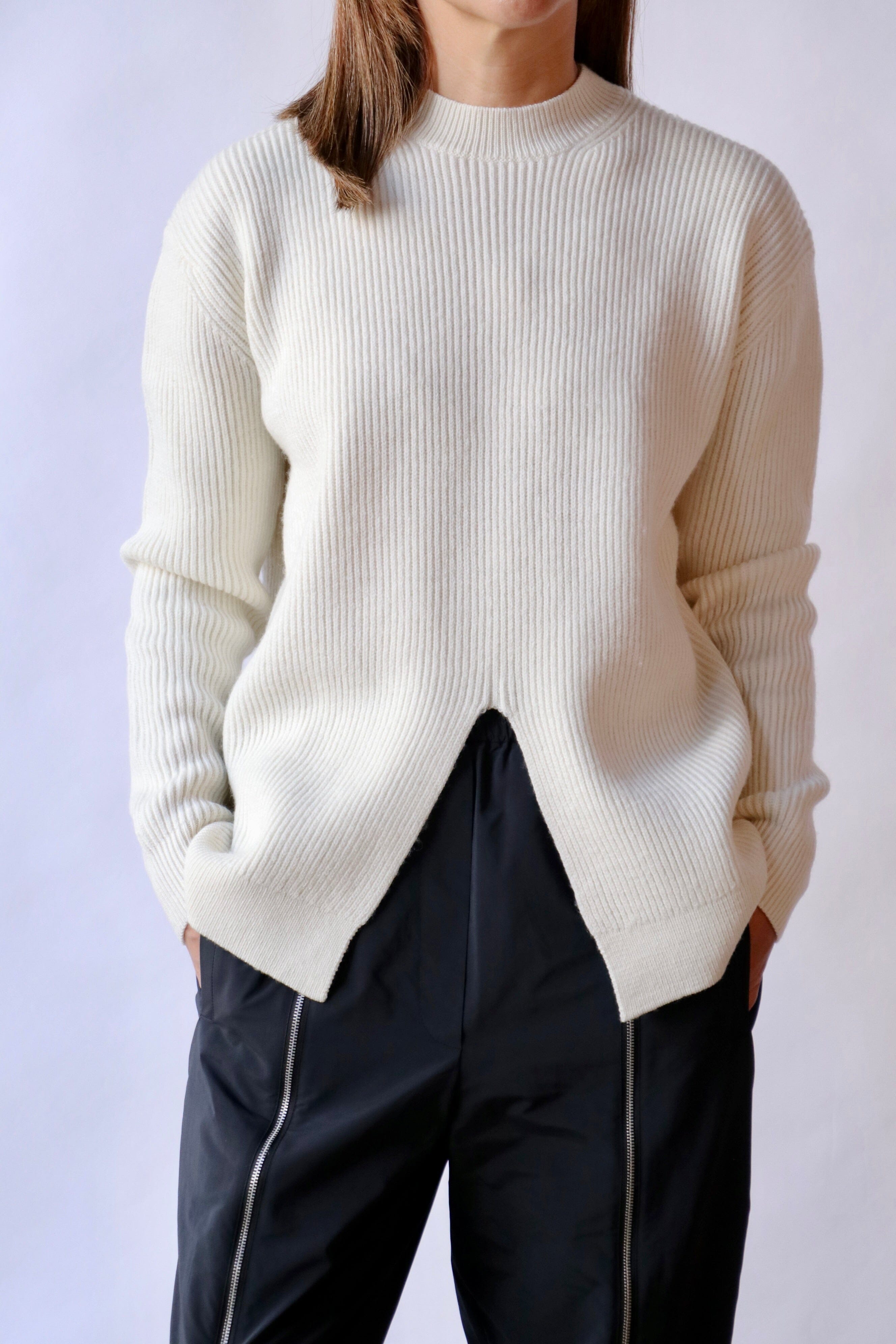 Tibi Cardigan Stitch Split Front Crewneck Easy Pullover in Ivory