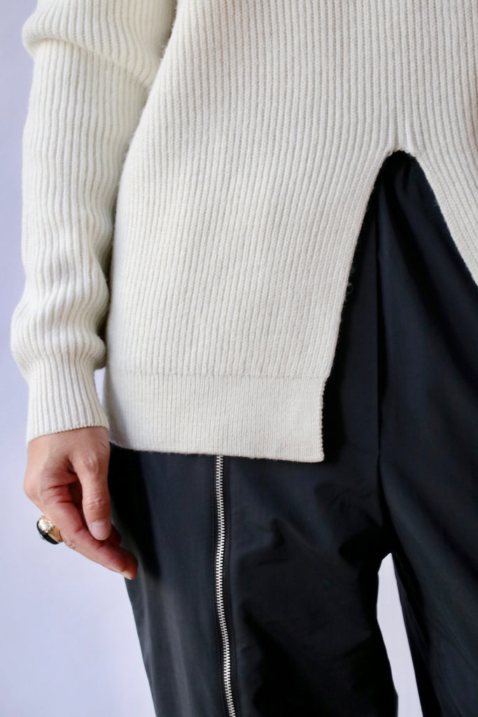Tibi Cardigan Stitch Split Front Crewneck Easy Pullover in Ivory Knitwear Tibi 