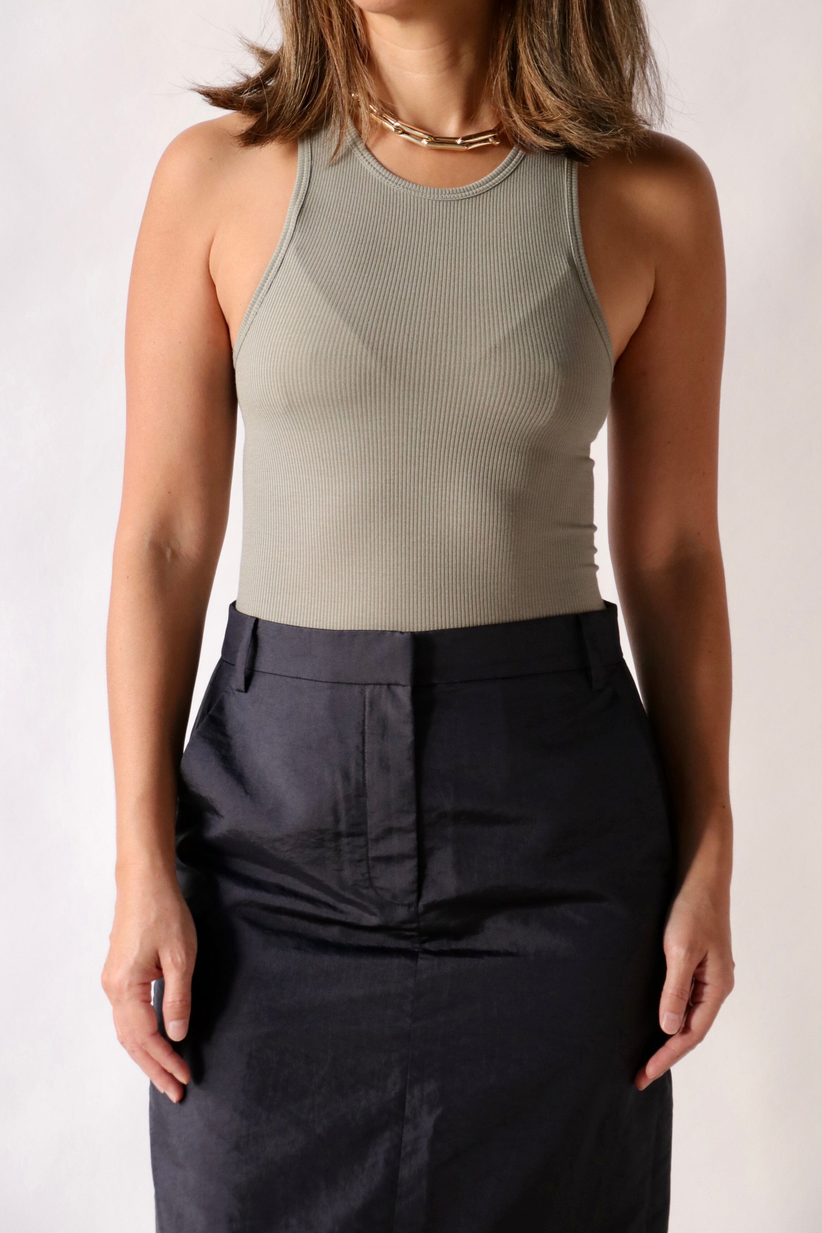 Tibi Circular Fine Rib T-Shirt Tank in Pumice Grey | WE ARE ICONIC