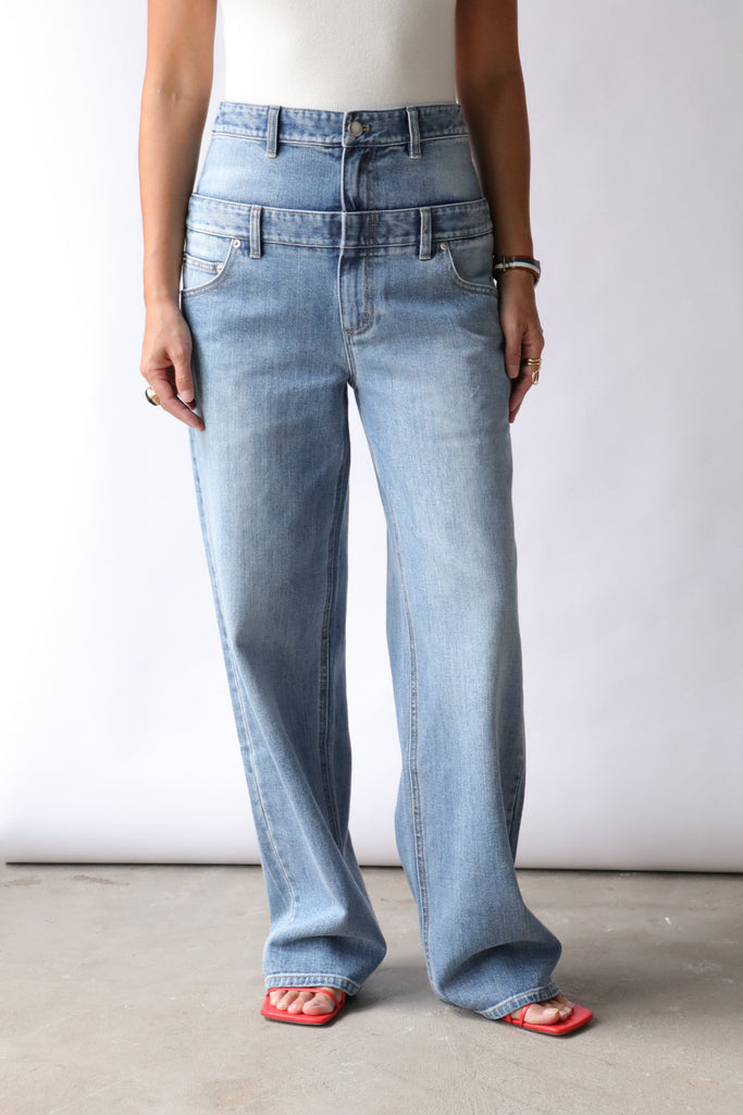 Tibi Classic Wash Denim Double Waisted Slouchy Carpenter Jean in Classic Blue Bottoms Tibi 