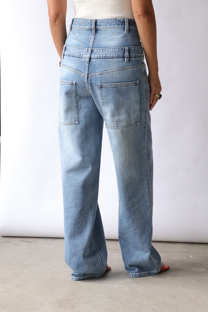 Tibi Classic Wash Denim Double Waisted Slouchy Carpenter Jean in Classic Blue Bottoms Tibi 