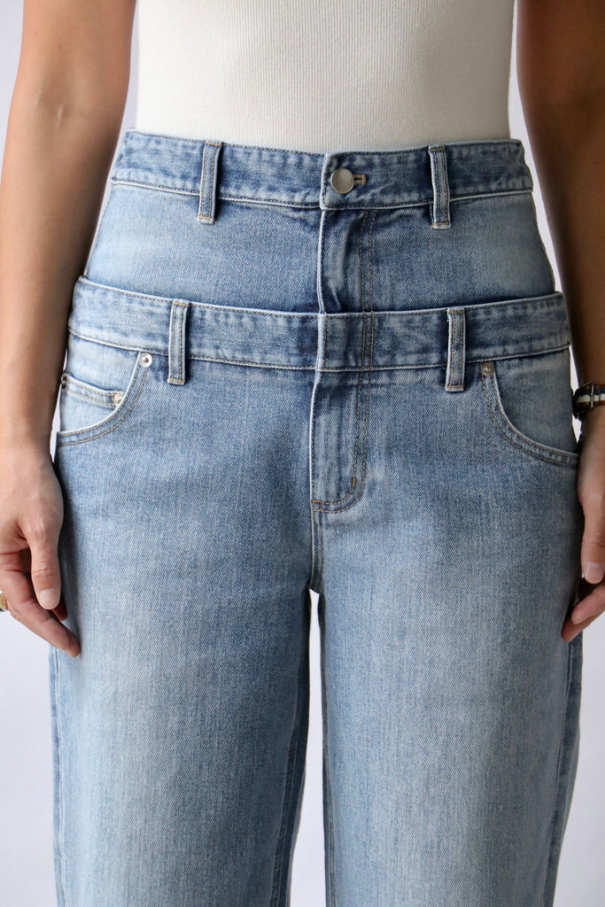 Tibi Classic Wash Denim Double Waisted Slouchy Carpenter Jean in Classic Blue Bottoms Tibi 