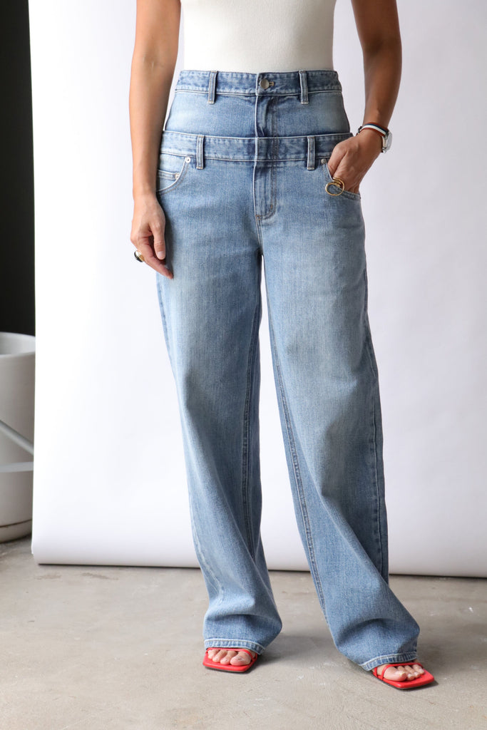 Tibi Classic Wash Denim Double Waisted Slouchy Carpenter Jean in Classic Blue Bottoms Tibi 