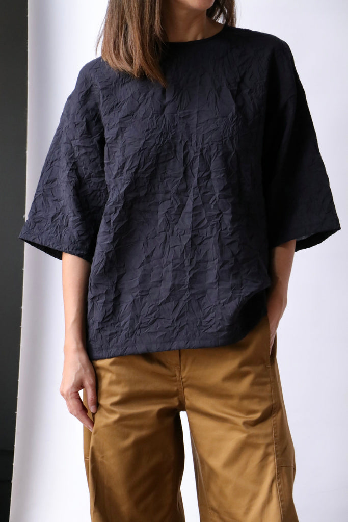 Tibi Crinkle Shirting Easy T-Shirt in Midnight Navy tops-blouses Tibi 