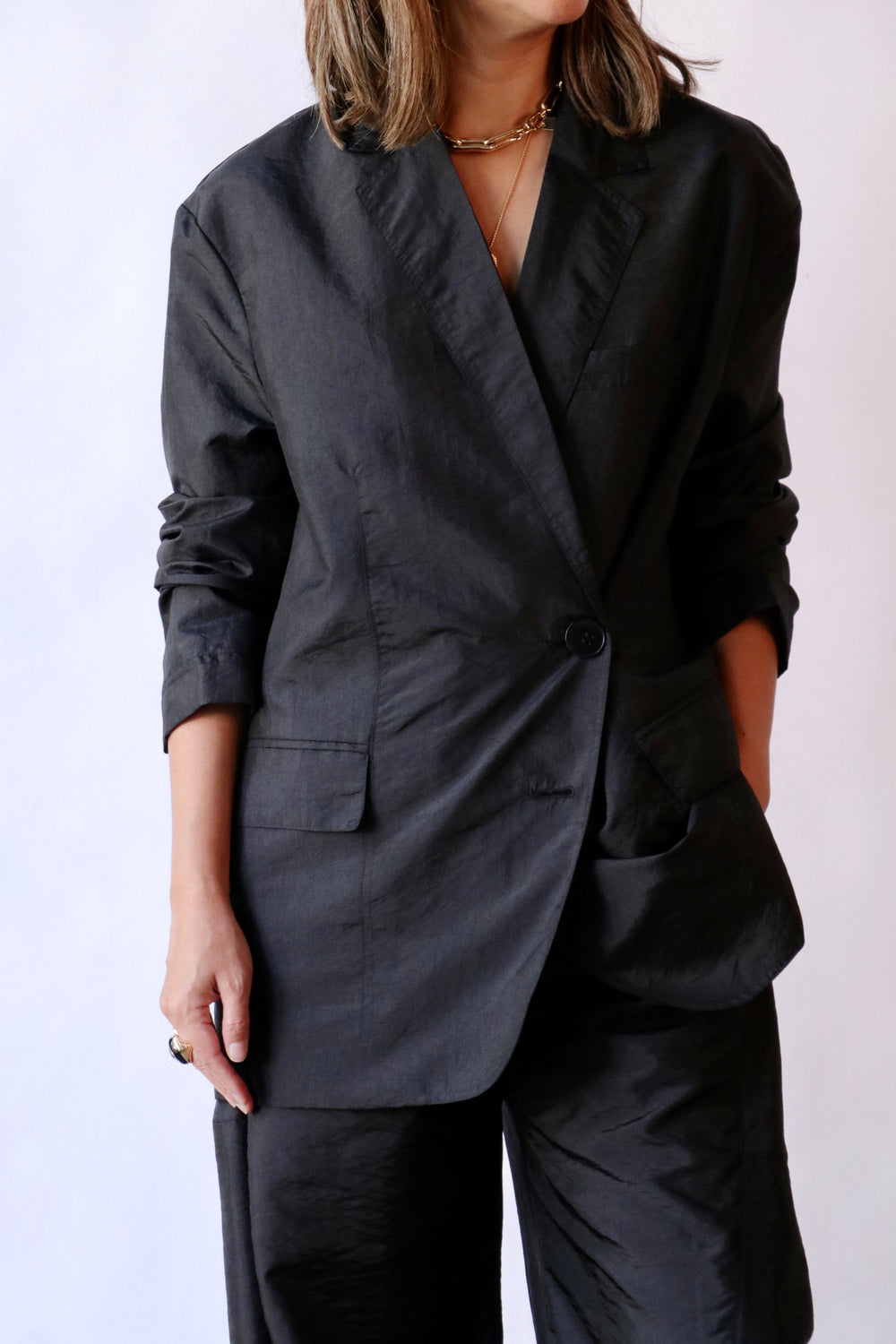 Tibi Crispy Nylon Liam Blazer in Black | WE ARE ICONIC