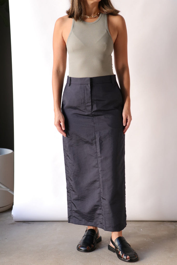 Tibi Crispy Nylon Maxi Skirt in Navy Bottoms Tibi 