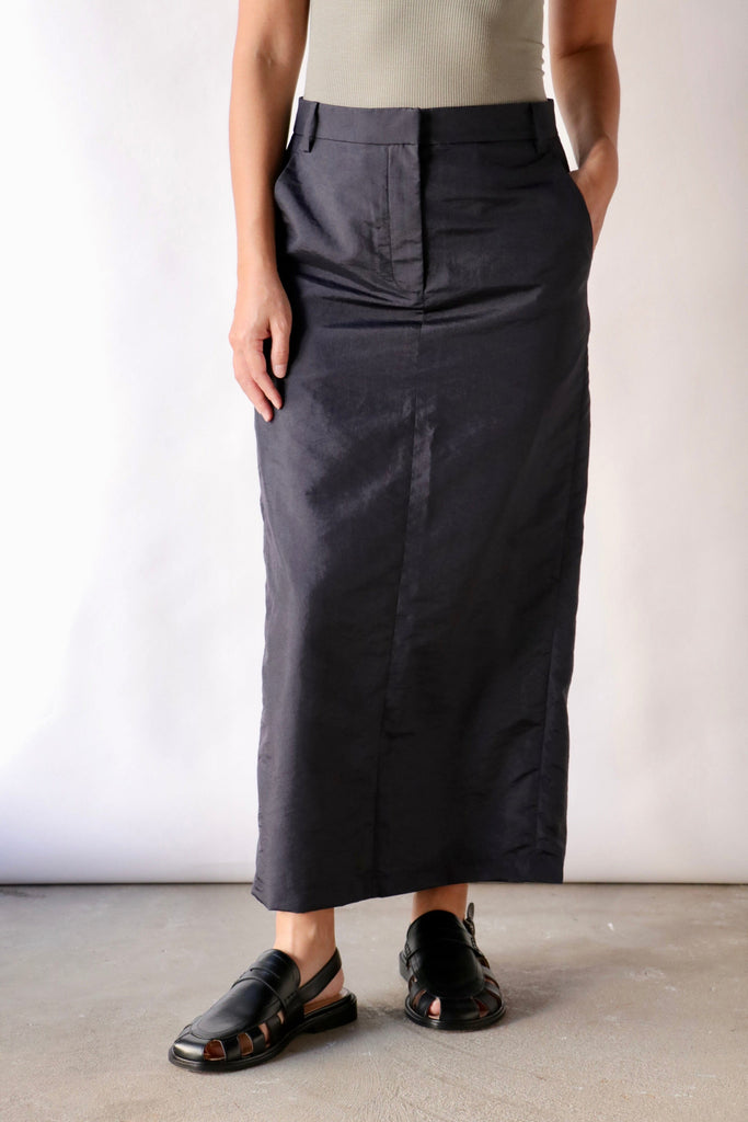 Tibi Crispy Nylon Maxi Skirt in Navy Bottoms Tibi 