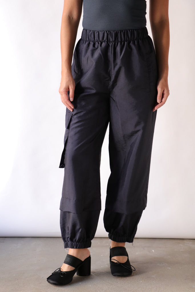 Tibi Crispy Nylon Wilt Pull On Jogger in Navy Bottoms Tibi 