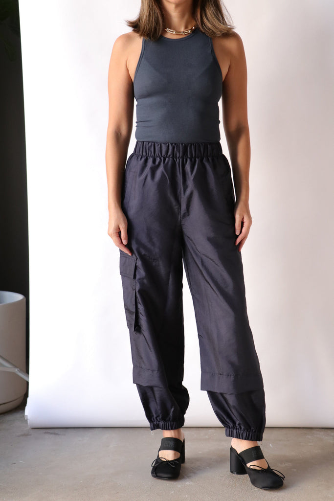 Tibi Crispy Nylon Wilt Pull On Jogger in Navy Bottoms Tibi 