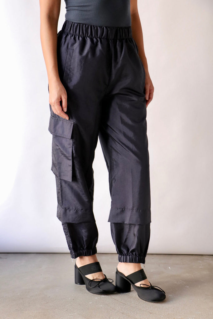 Tibi Crispy Nylon Wilt Pull On Jogger in Navy Bottoms Tibi 