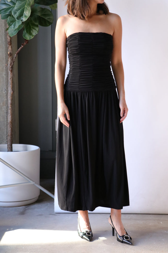Tibi Drapey Jersey Ruched Strapless Dress in Black Dresses Tibi 
