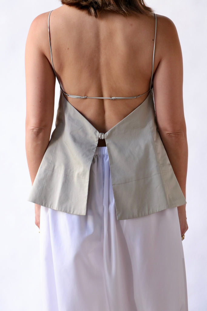 Tibi Eco Poplin Strappy Open Back Top in Sandstone | WE ARE ICONIC