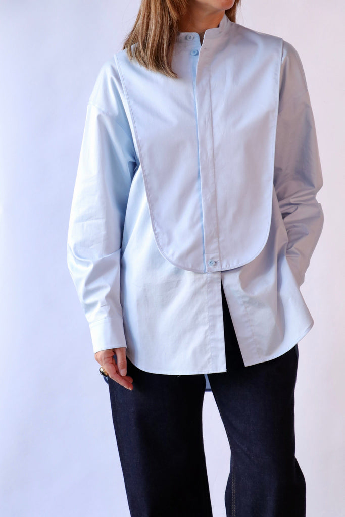 Tibi Eco Poplin Tuxedo Shirt With Bib Flap in Chambray Blue tops-blouses Tibi 