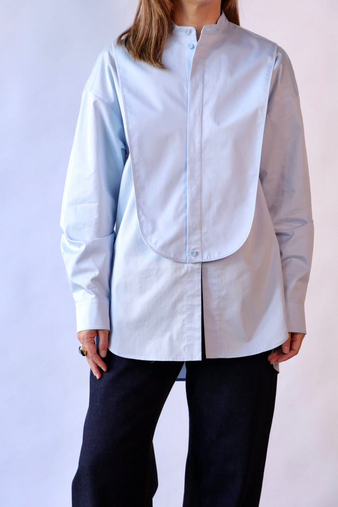 Tibi Eco Poplin Tuxedo Shirt With Bib Flap in Chambray Blue tops-blouses Tibi 