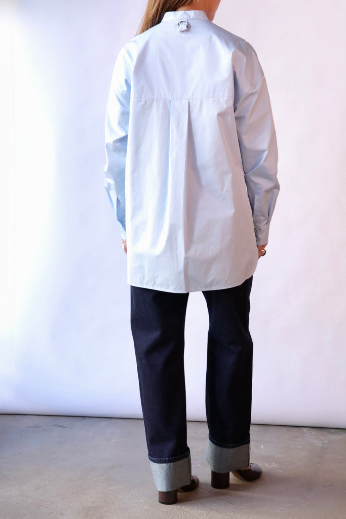 Tibi Eco Poplin Tuxedo Shirt With Bib Flap in Chambray Blue tops-blouses Tibi 