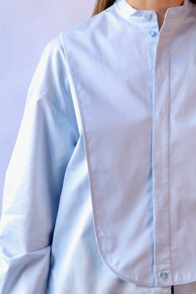 Tibi Eco Poplin Tuxedo Shirt With Bib Flap in Chambray Blue tops-blouses Tibi 