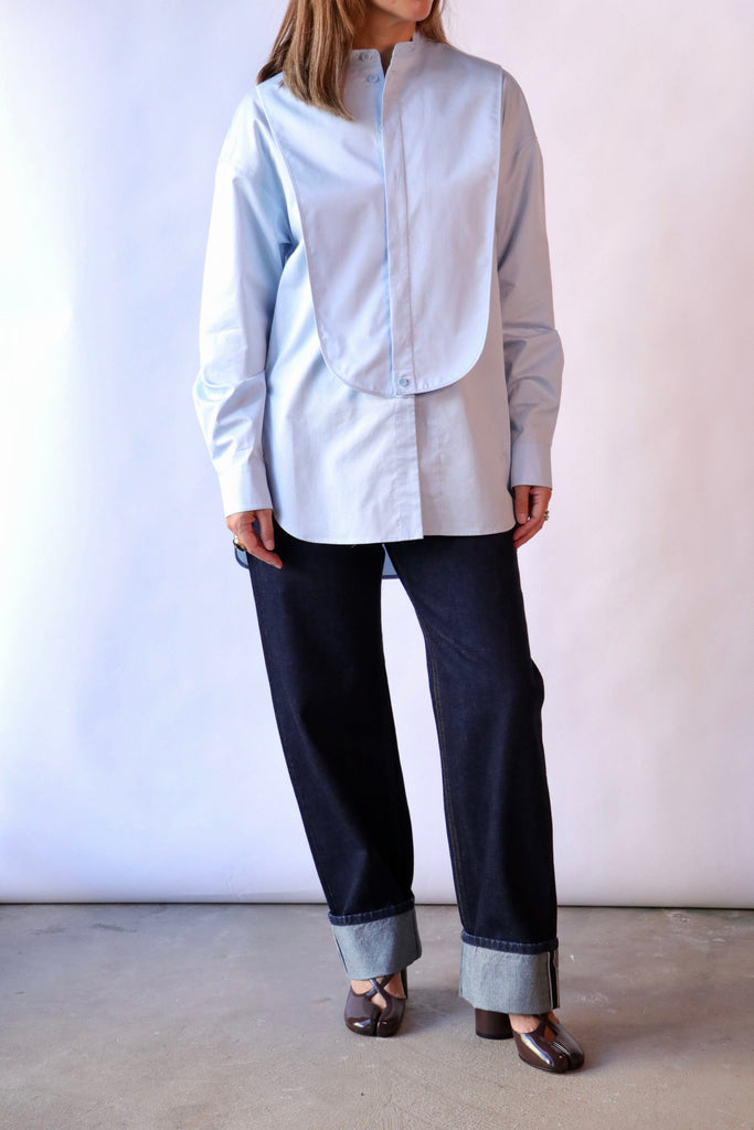 Tibi Eco Poplin Tuxedo Shirt With Bib Flap in Chambray Blue tops-blouses Tibi 