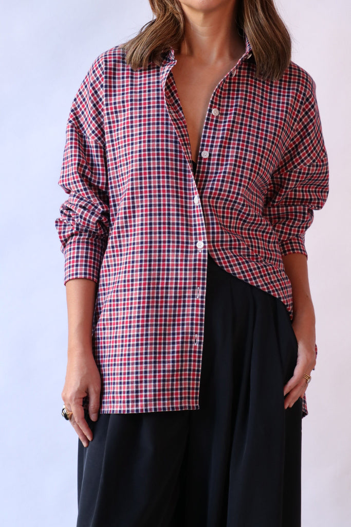 Tibi Flannel Menswear Shirting Oversized Shirt in Red Multi tops-blouses Tibi 