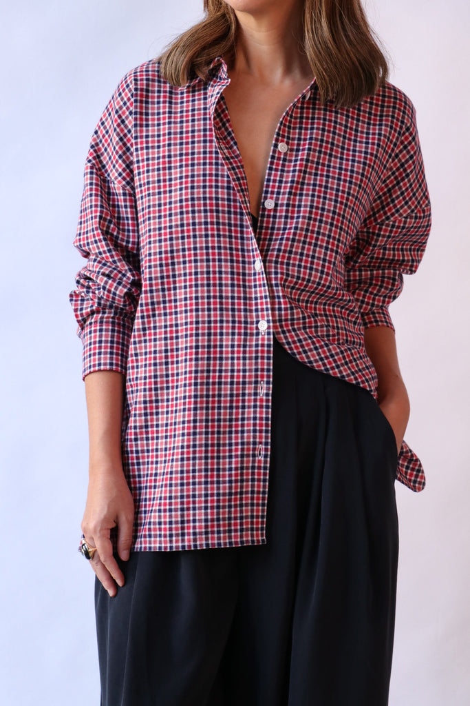Tibi Flannel Menswear Shirting Oversized Shirt in Red Multi tops-blouses Tibi 