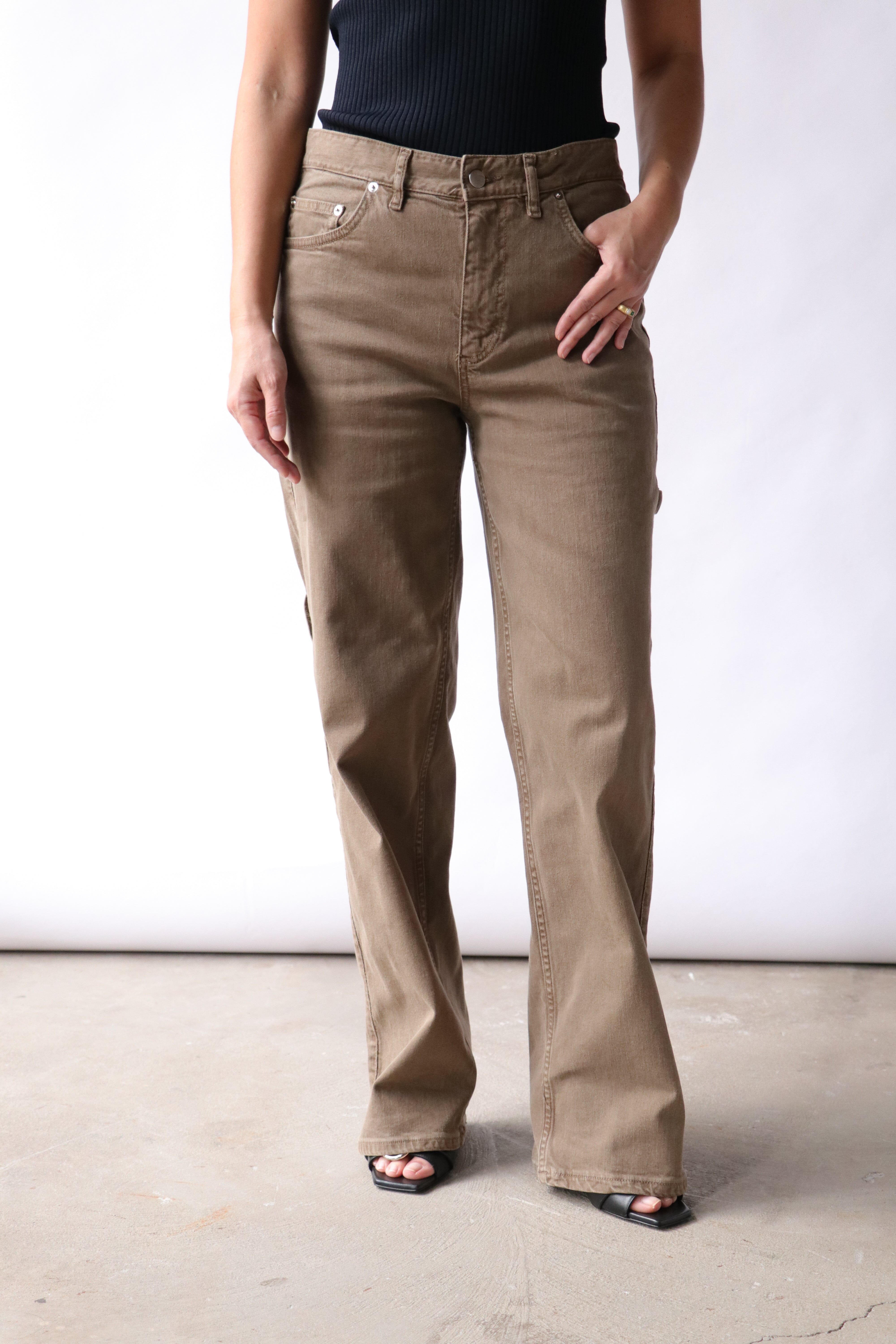 Tibi Garment Wash Stretch Twill Slouchy Carpenter Jean in Brown