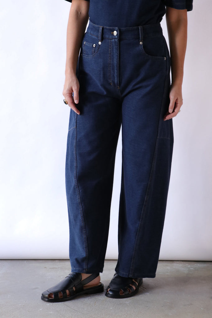 Tibi Indigo Barre Denim Knit Sid Jean in Indigo Bottoms Tibi 