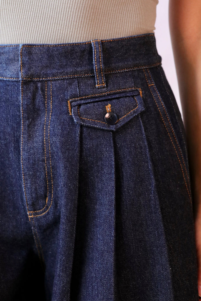 Tibi Indigo Denim Triple Pleat Jean Bottoms Tibi 