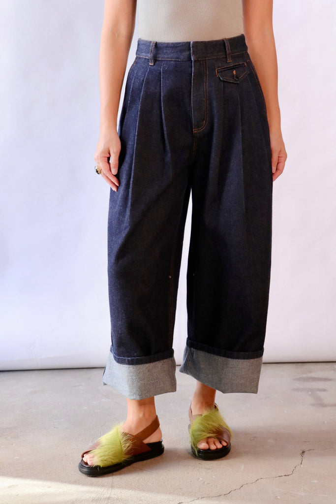 Tibi Indigo Denim Triple Pleat Jean Bottoms Tibi 