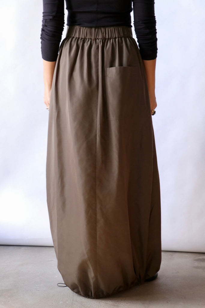 Tibi Italian Sporty Nylon Maxi Anorak Skirt in Dark Hazelnut Bottoms Tibi 