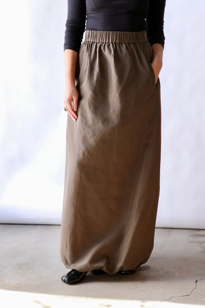 Tibi Italian Sporty Nylon Maxi Anorak Skirt in Dark Hazelnut Bottoms Tibi 