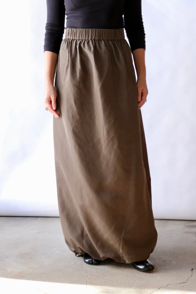 Tibi Italian Sporty Nylon Maxi Anorak Skirt in Dark Hazelnut Bottoms Tibi 