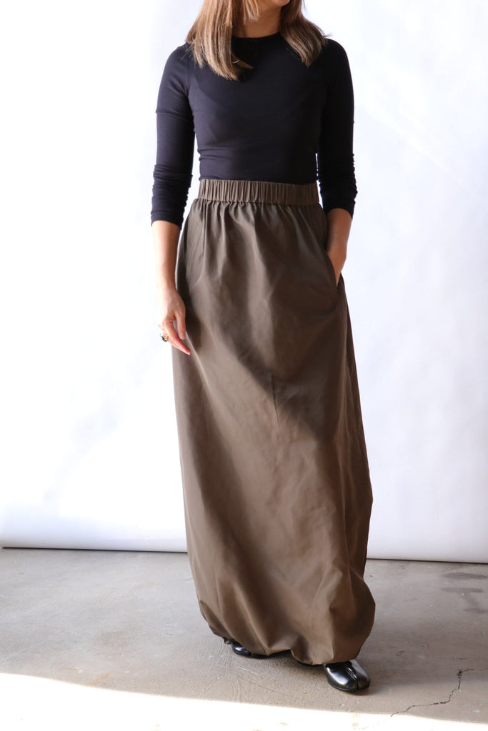 Tibi Italian Sporty Nylon Maxi Anorak Skirt in Dark Hazelnut Bottoms Tibi 