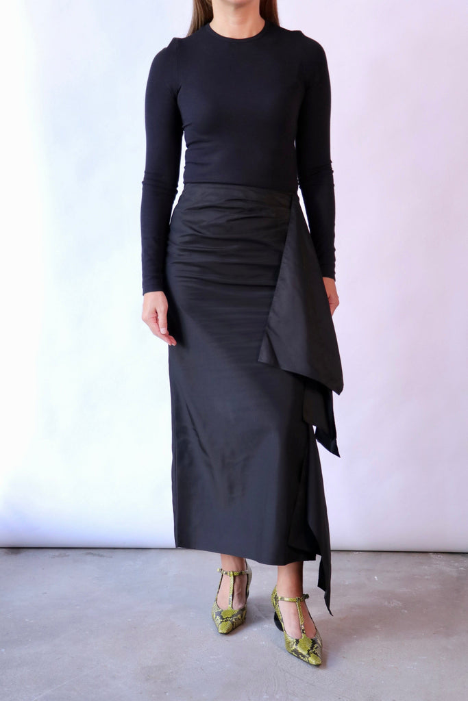 Tibi Italian Sporty Nylon Ribbon Skirt in Black Bottoms Tibi 