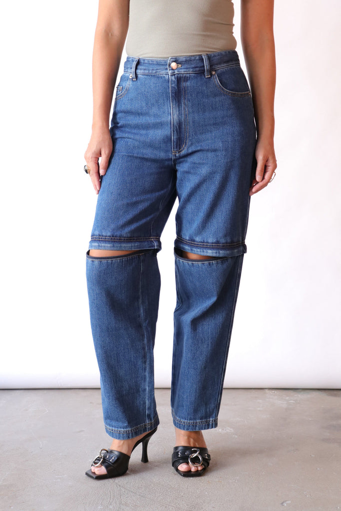 Tibi Lars Denim Convertible Zip Jean in Classic Blue Bottoms Tibi 