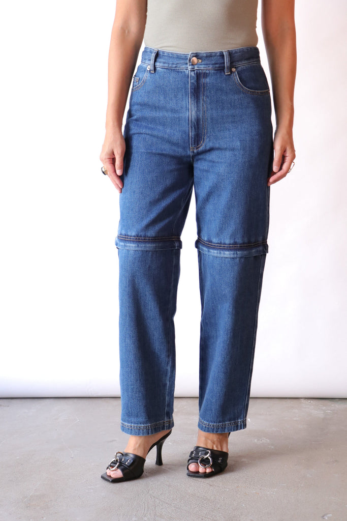 Tibi Lars Denim Convertible Zip Jean in Classic Blue Bottoms Tibi 