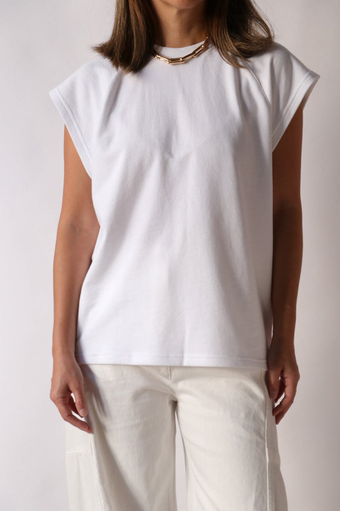 Tibi Light Weight Sweatshirting Sleeveless Easy Top in White tops-blouses Tibi 