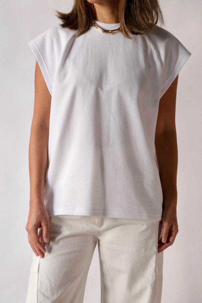 Tibi Light Weight Sweatshirting Sleeveless Easy Top in White tops-blouses Tibi 