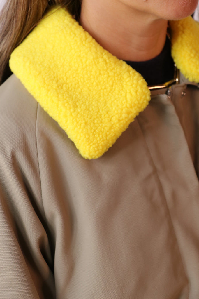 Tibi Lotte Nylon Carcoat With Removable Sherpa Collar in Khaki Outerwear Tibi 