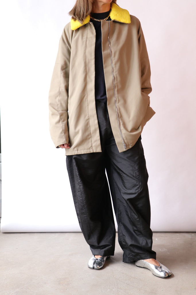 Tibi Lotte Nylon Carcoat With Removable Sherpa Collar in Khaki Outerwear Tibi 